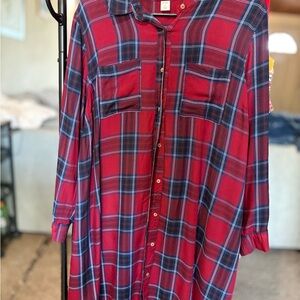 Old Navy Red Plaid Button-Down Shirt Dress with Blue Trim